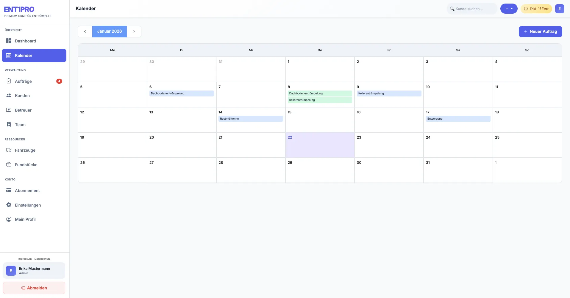 ENT1PRO Kalender und Terminplanung für Entrümpelungsfirmen