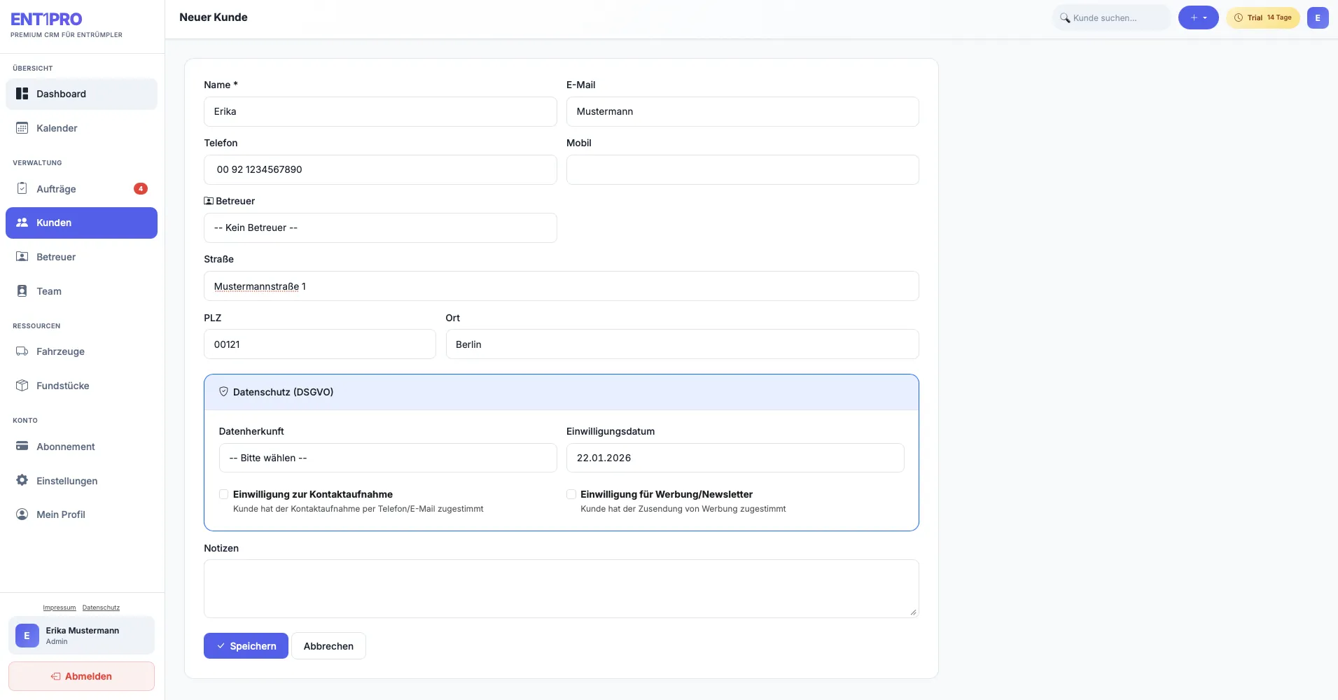 ENT1PRO Kundenverwaltung - Kundendaten und Auftragshistorie digital verwalten