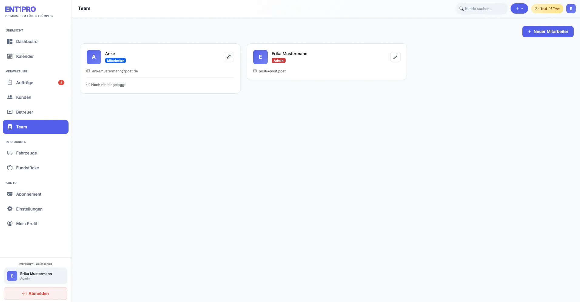 ENT1PRO Team- und Fahrzeugverwaltung - Übersicht über Mitarbeiter und Ressourcen